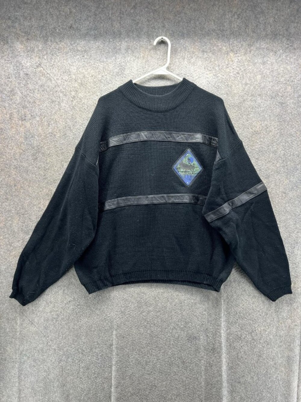 Vintage Bugle Boy Sweater Men XL Black Crew Neck Knit Acrylic Pullover Patch 90s